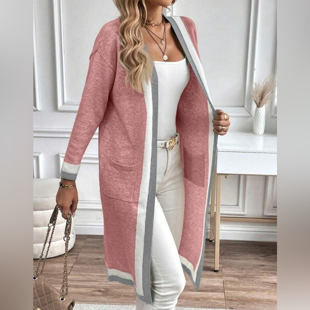 Franclia Mid-Length Casual Color-Block Ribbed Open Cardigan With Dual Pockets